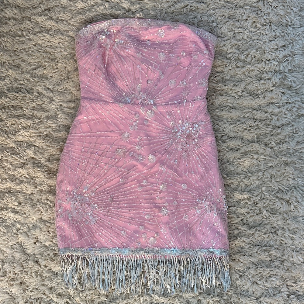 Finesse Strapless Pink Sequin & Beaded Fringe Mini Dress